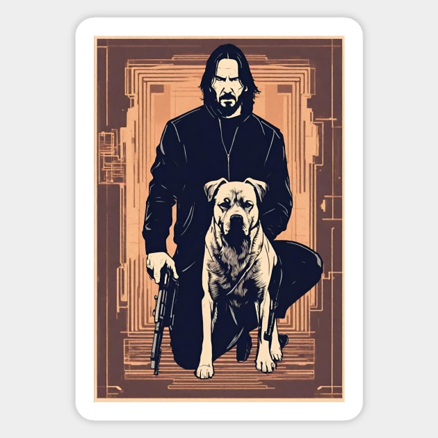 John Wick With Parabellum and His Trusty Dog Sunset Vintage Retro Movie Sticker by 3dozecreations